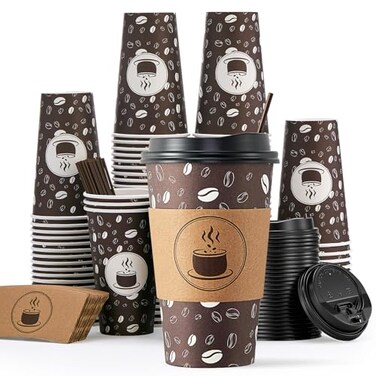 JOLLY PARTY Disposable Coffee Cups with Lids Sleeves and Straws 16oz100 Pack Paper Coffee Cups with Lids Durable BPA Free Hot Cup for Shops Cafes and Concession StandsDark Brown