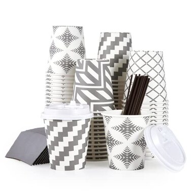 LITOPAK 100 Pack 10 oz Paper Coffee Cups with Lid Sleeve and Straws Four Designs of Disposable Hot Coffee Cups for Home Stores and Cafes