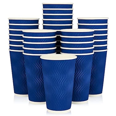JollyPack Paper Coffee Cups 16 oz Blue 60 Pack Heat Resistant Disposable Ripple Wall for Coffee Tea Hot Chocolate