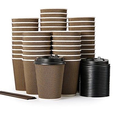LITOPAK 80 Pack 12 oz Paper Coffee Cups Insulated Ripple Wall Hot Coffee Cups with Lid and Straws Brown Three Layer Insulated Hot Beverage Cups for Parties Picnic and Travel