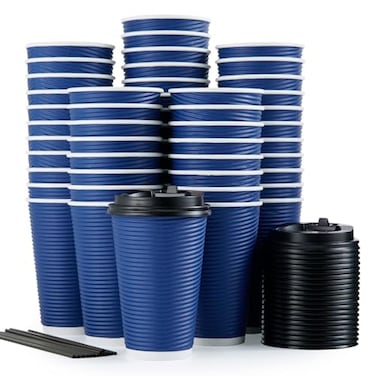 LITOPAK 80 Pack Insulated Ripple Wall 16 oz Disposable Paper Cups Three Layer Insulated Hot Paper Coffee Cups with Lid and Straws for Parties Picnics and Travel