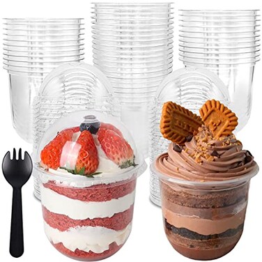 Jnnzzggu 50 Pack 12oz Clear Plastic Cups with Dome Lids and Sporks No Hole Disposable Fruit Cups for Dessert Cupcake Parfait Pudding Iced Cold Drinks Snacks Fruits Bakeries Ice Cream