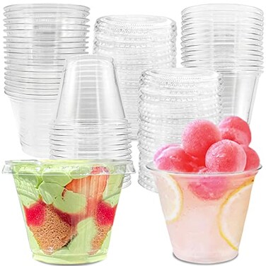 Qyyiguf 50 Pcs 9 Oz Reusable Plastic Dessert Cups with Flat LidsCold Party Drinking Cups for CoffeeFruitIce CreamIced Cold DrinksBBQThanksgivingHalloweenJuice PartyNo Hole