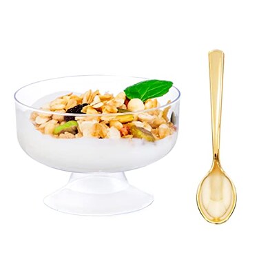 WDF 7oz Clear Dessert Cups Disposable 96 Pack Dessert Cups With Mini Gold Spoons Plastic Parfait Cups Medium to Large 48 Ice Cream Plastic Cups 48 Gold Tasting Spoons for Party Thanksgiving