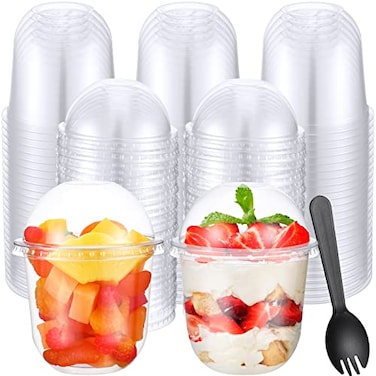 Gandeer 200 Pack Clear Plastic Cups 12 oz Dessert Yogurt Parfait Banana Pudding Pet Disposable Cups with 200 Pcs Sporks for Fruit Ice Cream Party