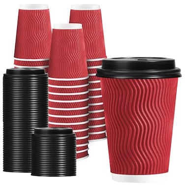 Lamosi 12 OZ Disposable Coffee Cups with Lids 50 Pack Paper Insulated Corrugated Ripple Wall Cup for Hot Beverages Red