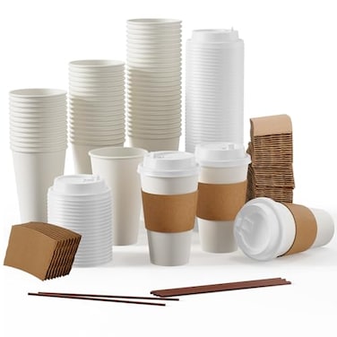 JOLLY PARTY 50 Pack 16 oz Paper Coffee Cups Disposable Paper Coffee Cup with Lids Sleeves and Stirrers HotCold Beverage Drinking Cup for Water Juice or Tea Suitable for Home Shops and Cafes