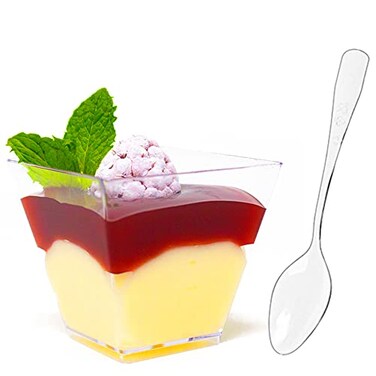 CMJJ Gourmet Tiny 50ct 2oz Mini Pyramid Plastic Dessert Cups with Spoons ProfessionalGrade Recyclable Disposable Party Cups and Mini Appetizers Dessert Shooter Cups Small Serving Plastic Cups CMJJ