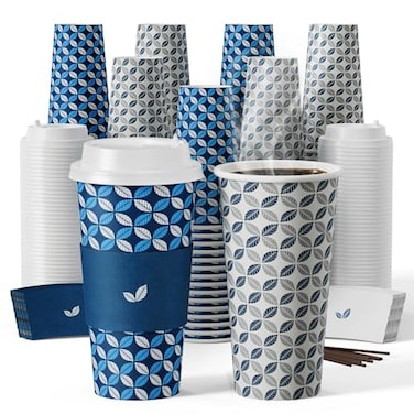 JOLLY CHEF 100 Pack 20 oz Disposable Coffee Cups Hot Paper Coffee Cups with Lids Sleeves and Stirrers for Home Office Cafe Blue Leaf and Grey Leaf