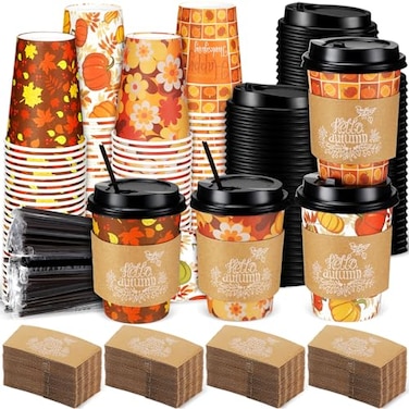 Lallisa 100 Sets Fall Thanksgiving Coffee Cup Bulk with Lid Disposable 12 oz Fall Hot Cups Paper and Sleeves Straws Autumn Drinking Supplies for Holiday PartyClassic Style