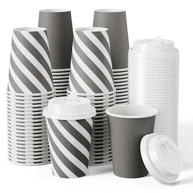 JOLLY CHEF 100 Pack 12 oz Paper Coffee Cups Disposable Printed Hot Cups with Lids for Home Business Restaurant and Cafe Stripes and Grey