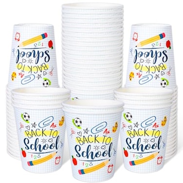 Whaline 50Pcs Back to School Party Paper Cups Funny Cartoon Disposable Cups Bulk First Day of School Party Decorative Cups for Classroom Cold Hot Drinkware Tableware Decor Supplies 9 Oz