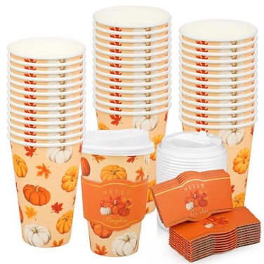 Fairooth 50 Pcs 16oz Fall Disposable Coffee Cups Pumpkin Maple Leaves Paper To Go Cups with Lids Sleeves Thanksgiving Harvest Beverage Hot Drinking Cups for Autumn Thanksgiving Hot Cold Drinks Supplie