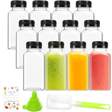 ztarraum 12pcs 8oz Plastic Juice Bottles Reusable Juice Containers with Black Tamper Proof Lids Brush Funnel and Labels Clear Water Bottles for Juicing Smoothie and Homemade Beverages