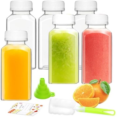 ztarraum 6PCS 8oz Reusable Plastic Juice Bottles with White Tamper Proof Lids Brush Funnel Labels Clear Juice Containers for Juicing Smoothies Homemade Beverages
