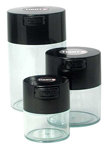 Tightpac Tightvac Set of 3 Patented Airtight Container Multiuse Vacuum Container Works as Smell Proof Containers for Herbs and Dry Goods Black Caps and Clear Bodies