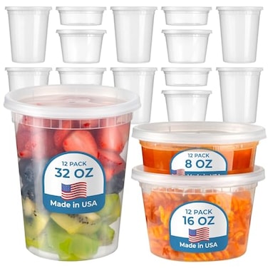 Fit Meal Prep 36 Pack 8 16 32 oz Deli Containers with Lids US Made Leakproof Quart Containers with Lids Clear Plastic Food Storage Container with Lid Microwave Freezer Safe Meal Prep Container