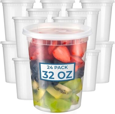 Fit Meal Prep 24 Pack 32 oz Deli Containers with Lids US Made Leakproof Quart Containers with Lids Clear Plastic Food Storage Container with Lid Microwave Freezer Safe Meal Prep Container
