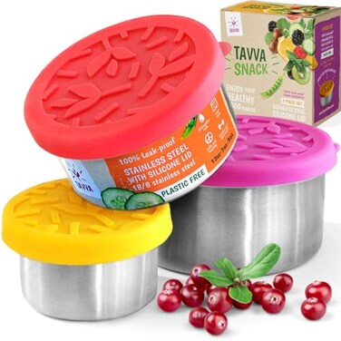 TAVVA Stainless Steel Snack Containers for Kids 12oz 7oz 3oz Leakproof with Silicone Lids Lunch Box for Kids Metal Lunchbox for School Office Home Food Storage Dishwasher Freezer Safe