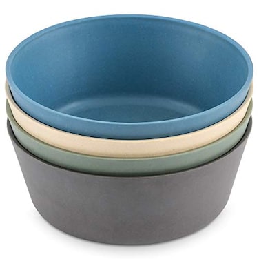 WeeSprout Bamboo Kids Bowls Set of Four 10 oz KidSized Bamboo Bowls Dishwasher Safe Kid Bowls Blue Green Gray Beige