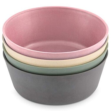 WeeSprout Bamboo Kids Bowls Set of Four 10 oz KidSized Dinnerware Cereal Leftovers Snack Bowl Dishwasher Safe Pink Green Gray Beige