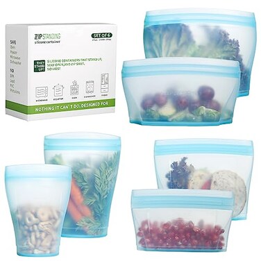 ZIP STANDING Zip Standing Reusable food container silicone bag 6 Pcs Zip Containers Can be used for fruit and vegetable snacks etc Microwave Dishwasher and Freezer Usable blue