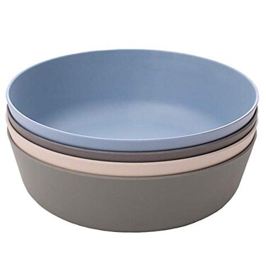 WeeSprout Bamboo Kids Bowls Set of Four 15 oz KidSized Dinnerware Cereal Leftovers Snack Bowl Dishwasher Safe Blue Green Gray Beige
