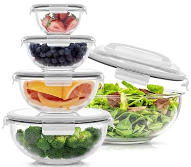 JoyJolt Kitchen Mixing Bowls 5pc Glass Bowls with Lids Set Neat Nesting Bowls Large Mixing Bowl Set incl Batter Bowl Cooking Bowls Storage Bowls with Lids and Big Salad Bowl with BPAFree Lids