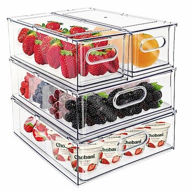 MANO Mano Fridge Drawer Pull Out Stackable Bins with Handle Clear Refrigerator Drawers Organizer Food Storage Container Box with Dividers Plastic Produce Saver for Pantry Cabinet Kitchen Clothes4Pack
