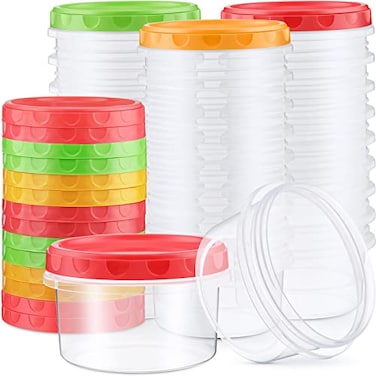 Sieral 36 Pack 8 oz Freezer Containers with Lids Reusable Deli Freezer Storage Containers Stackable Plastic Thick Twist Top Jars for Takeout Food Round Wide Mouth Lunch Snack RedGreenYellow