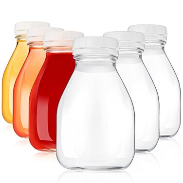 Patelai 6 Glass Milk Bottles with Lids 16oz Reusable for Almond Milk Coffee Creamer Parties Picnics