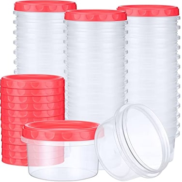 Sieral 36 Pack 8 oz Freezer Containers with Lids Reusable Deli Freezer Storage Containers Stackable Plastic Thick Twist Top Jars for Takeout Food Round Wide Mouth Lunch Snack Red