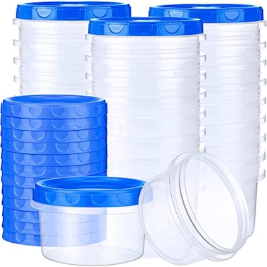 Sieral 36 Pack 8 oz Freezer Containers with Lids Reusable Deli Freezer Storage Containers Stackable Plastic Thick Twist Top Jars for Takeout Food Round Wide Mouth Lunch Snack Blue