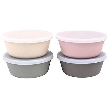 WeeSprout Bamboo Kids Bowls with Lids Set of Four 10 oz KidSized Dinnerware Cereal Leftovers Snack Bowl Dishwasher Safe Pink Green Gray Beige