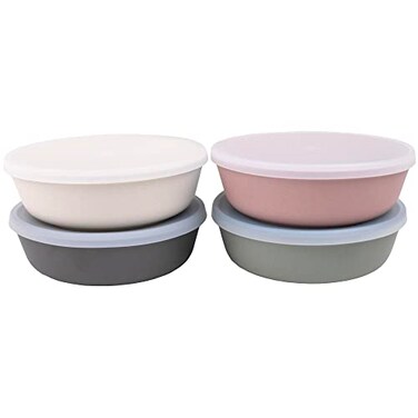 WeeSprout Bamboo Kids Bowls with Lids Set of Four 15 oz KidSized Dinnerware Cereal Leftovers Snack Bowl Dishwasher Safe Pink Green Gray Beige