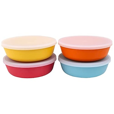 WeeSprout Bamboo Kids Bowls with Lids Set of Four 15 oz KidSized Bamboo Bowls Bamboo Kid Bowls with Lids for Leftovers Dishwasher Safe Blue Yellow Orange Red