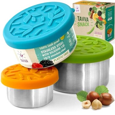 TAVVA Stainless Steel Lunch Containers 12oz 7oz 3oz BPAFree Metal Lunchbox with Leakproof Silicone Lids Lunch Box Small Snack Food Containers with Lids Dishwasher Safe
