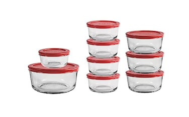 Anchor Hocking 18 Piece Glass Storage Containers with Lids 9 Glass Food Storage Containers 9 Red SnugFit Lids