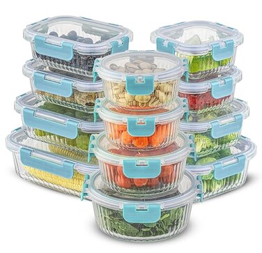 JoyJolt 24pc Borosilicate Glass Storage Containers with Lids 12 AirtightFreezer Safe Food Storage Containers for Pantry and Kitchen Meal Prep Container for Lunch Glass Tupperware Set