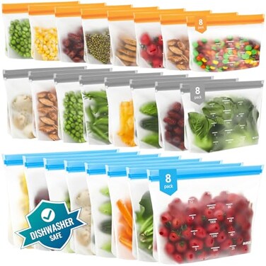 IDEATECH Dishwasher Safe Reusable Storage Bags Stand Up BPA Free Reusable Sandwich Bags Leakproof Gallon Freezer Bags for Marinate Meats Salad Fruit Multicolor 8 Large 8 Sandwich 8 Snack Bags