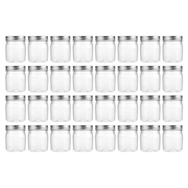 novelinks 8 oz Clear Plastic Jars with Airtight Lids 32 Pack Plastic Mason Jars with Lids 8oz Refillable Storage Slime Containers Small Spice Jar for Kitchen Organization 32 PackSilver