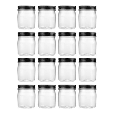 novelinks 8 oz Clear Plastic Jars with Airtight Lids 16 Pack Plastic Mason Jars with Lids 8oz Refillable Storage Slime Containers Small Spice Jar for Kitchen Organization 16 PackBlack