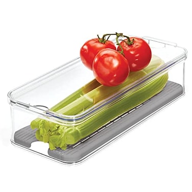 iDesign Crisp Produce Plastic Refrigerator and Modular Stacking Pantry Bin with Lid and Removable Inner Basket Perfect for Washing Vegetables Fruit Lettuce BPA Free 1572 x 632 x 376