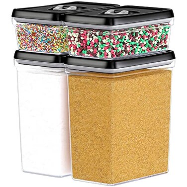 DWÃ‹LLZA KITCHEN DWLLZA KITCHEN Large Airtight Food Storage Containers Clear Plastic Bulk Food Pantry Kitchen Storage Containers for Flour Sugar and Baking Supplies 4 Pcs BPAFree Keeps Fresh Dry Black