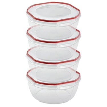 Sterilite UltraSeal 81 Qt Bowl Large Airtight Food Storage Container Latching Lid Microwave and Dishwasher Safe Clear With Red Gasket 4Pack