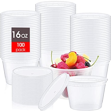 Thenshop 100 Sets Deli Containers with Lids 16 oz Leakproof Disposable Soup Containers plastic Food Storage box with Airtight Lids Round Clear Takeout bowl Microwave Dishwasher Freezer Safe