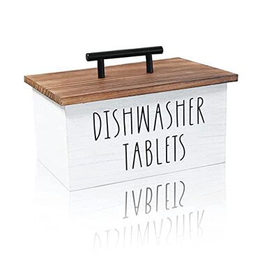 CHONIC Dishwasher Pod Container Farmhouse Dishwasher Pods Holder Kitchen Tablet Organizer Wood Dishwasher Tablet Dispenser Caddy Rustic Powder Coated Box with Lid