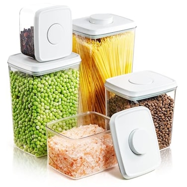 Tourdeus Airtight Food Storage Containers 5 PCS Clear Pantry Organizers BPAFree Stackable Canisters with Measurement Marks PopTop Lids for Cereal Flour Sugar Rice Pasta Dry Food
