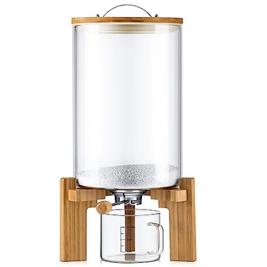 Tioncy 8L Flour and Cereal Glass Container Rice Oatmeal Dispenser Storage Container Cereal Food Storge Container with Airtight Lid Wooden Stand and Measuring Cup for Kitchen Organization Pantry Store