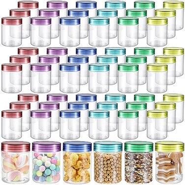 Sliner 60 Pcs 8 oz Plastic Jars with Lids Clear Round Leakproof Storage Containers Empty Refillable Plastic Mason Jars for Travel Storage Face Creams Kitchen Household Food Spice Colorful